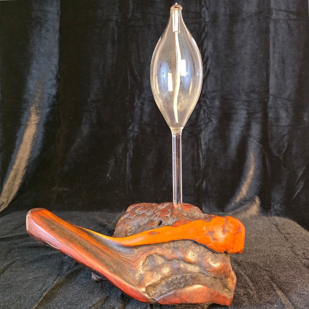 VTH MCM Handcrafted Two Tone Burl Wood Base Oil Lamp w/ Blown Glass Reservoir